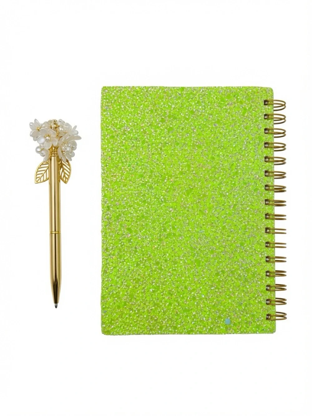 Custom handmade Decorative Rainbow Beaded Notebook with Gold Flower Pen